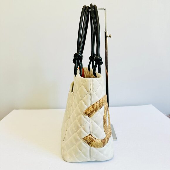 AUTHENTIC CHANEL LAMBSKIN LEATHER AND SNAKESKIN CC QUILTED CAMBON TOTE BAG RARE - Picture 10 of 14